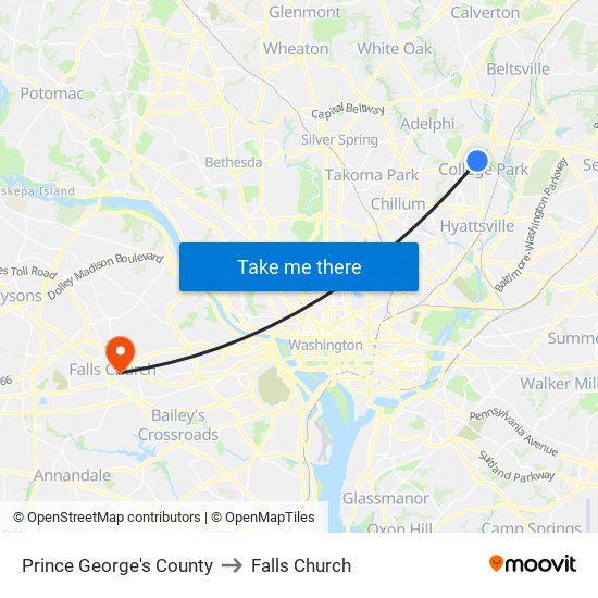 Prince George's County to Falls Church map