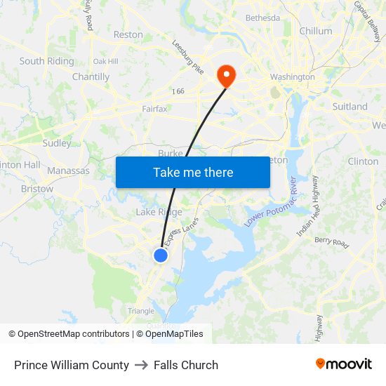 Prince William County to Falls Church map