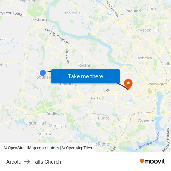 Arcola to Falls Church map