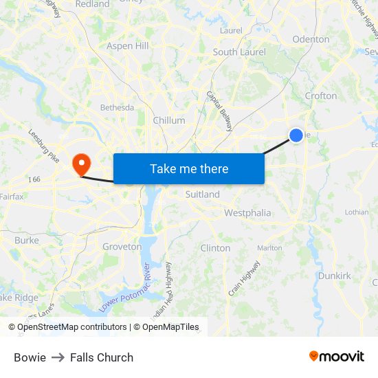 Bowie to Falls Church map