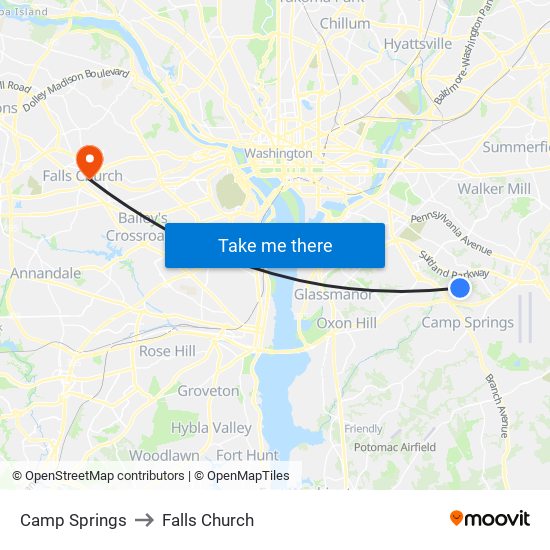 Camp Springs to Falls Church map