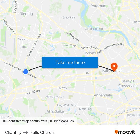 Chantilly to Falls Church map