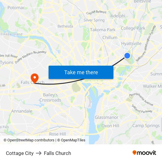 Cottage City to Falls Church map