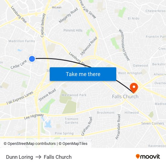 Dunn Loring to Falls Church map