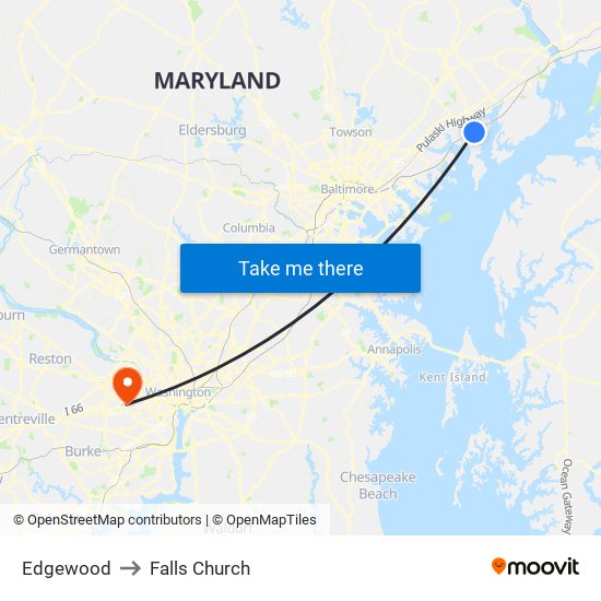 Edgewood to Falls Church map