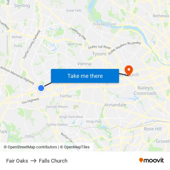 Fair Oaks to Falls Church map