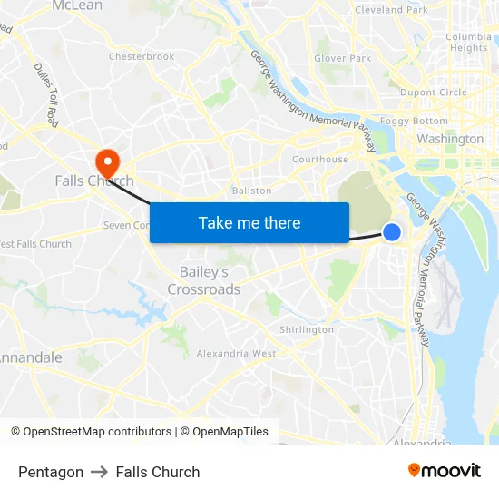 Pentagon to Falls Church map
