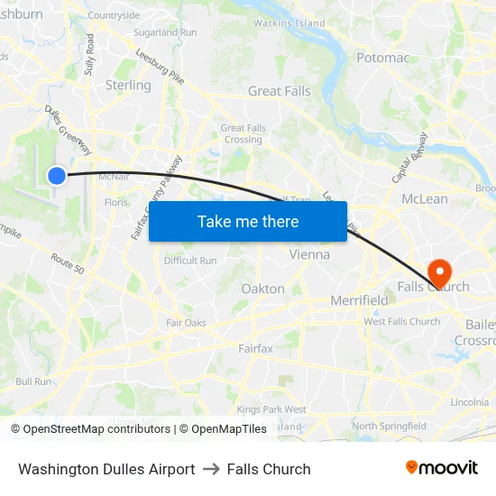 Washington Dulles Airport to Falls Church map