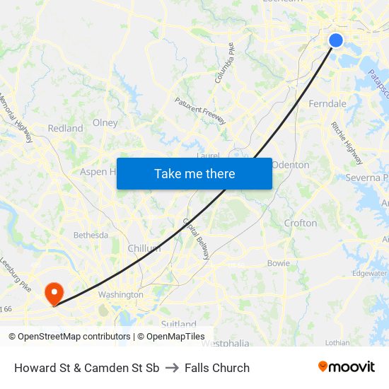 Howard St & Camden St Sb to Falls Church map