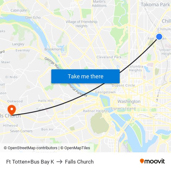 Fort Totten+Bay K to Falls Church map