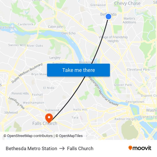 Bethesda Metro Station to Falls Church map