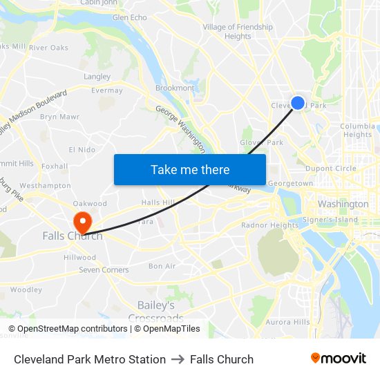 Cleveland Park Metro Station to Falls Church map