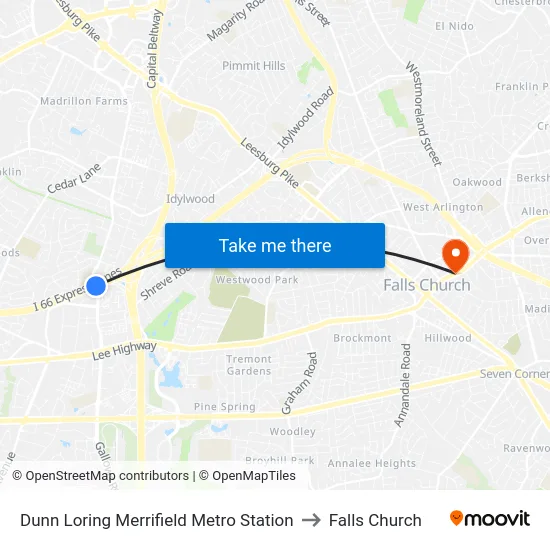 Dunn Loring Merrifield Metro Station to Falls Church map