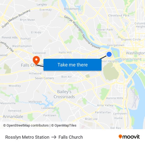 Rosslyn Metro Station to Falls Church map