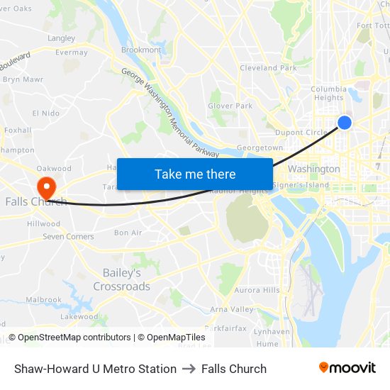 Shaw-Howard U Metro Station to Falls Church map