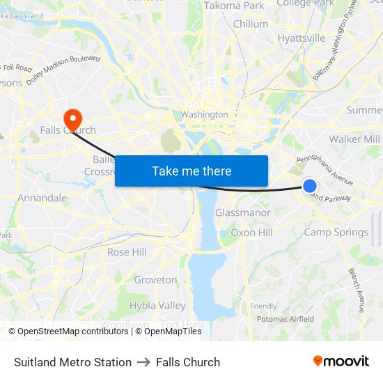 Suitland Metro Station to Falls Church map