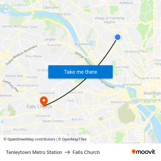 Tenleytown Metro Station to Falls Church map