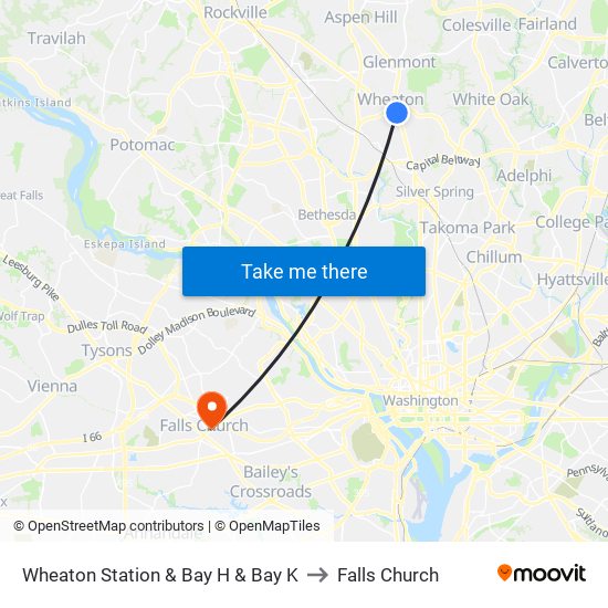 Wheaton Station  & Bay H & Bay K to Falls Church map