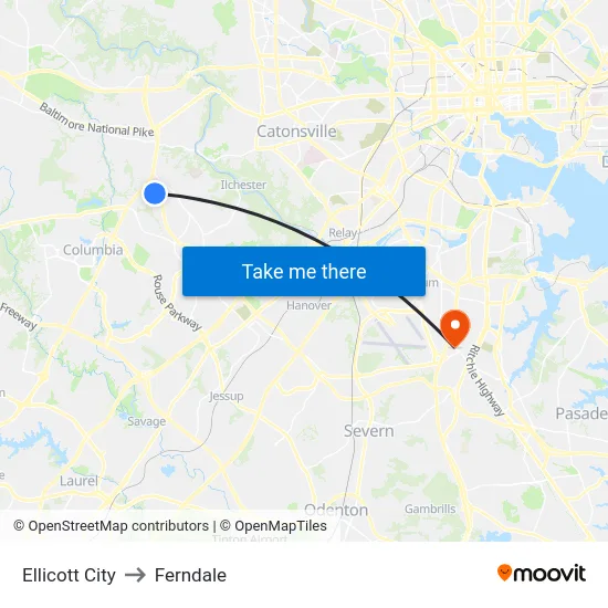 Ellicott City to Ferndale map