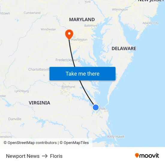 Newport News to Floris map