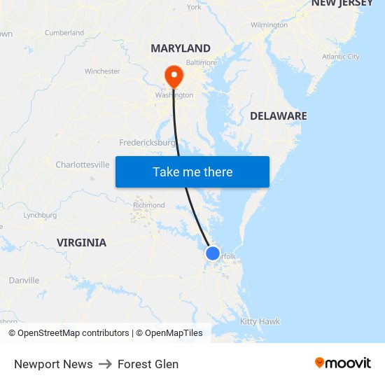 Newport News to Forest Glen map