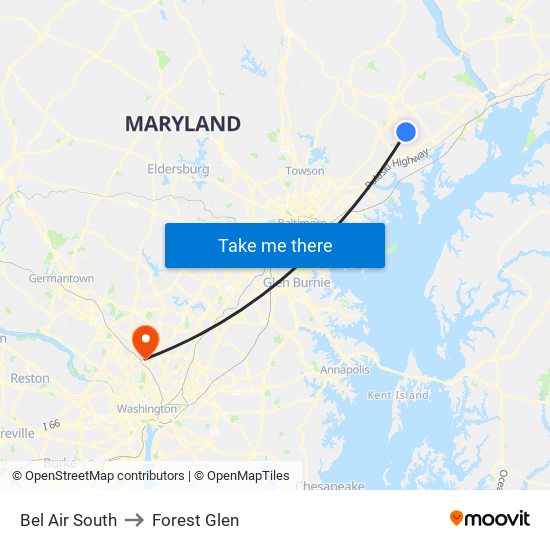 Bel Air South to Forest Glen map