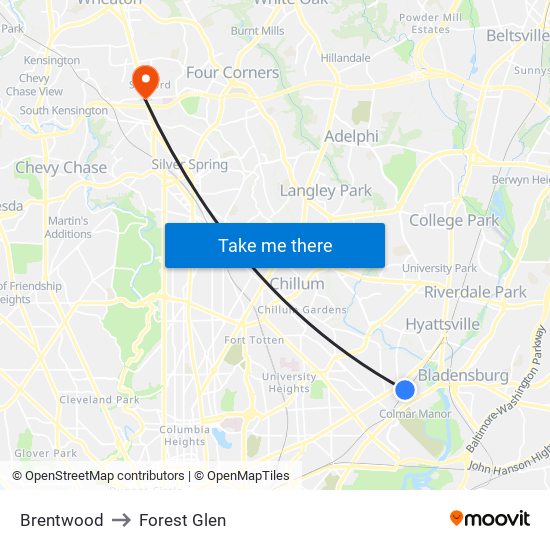 Brentwood to Forest Glen map