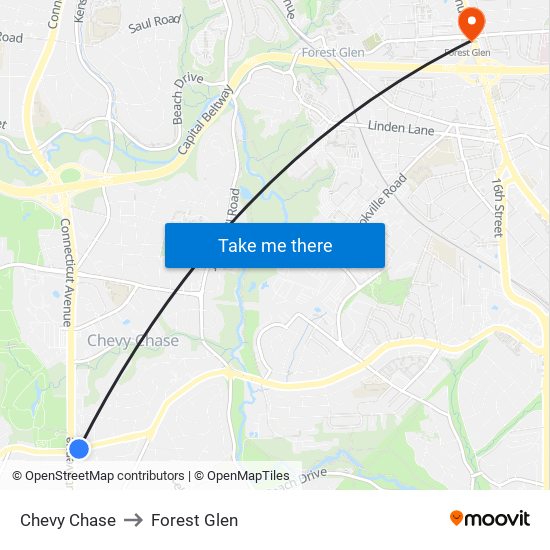 Chevy Chase to Forest Glen map