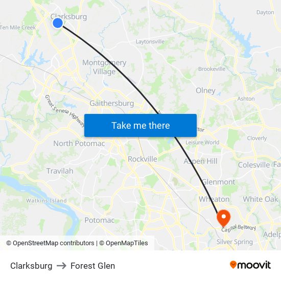 Clarksburg to Forest Glen map