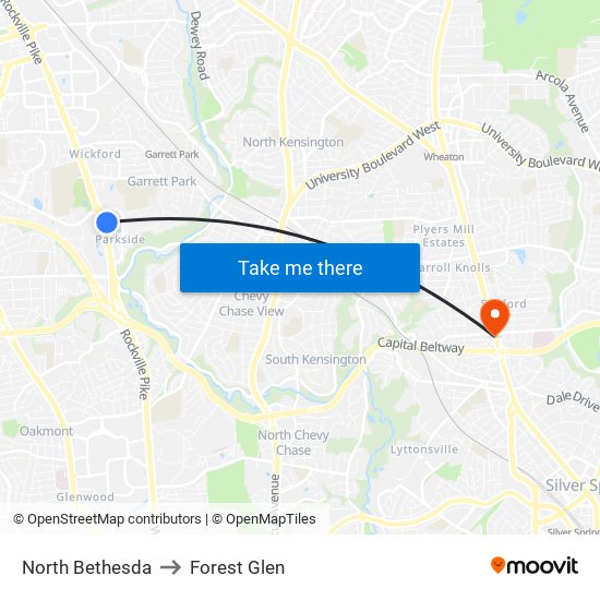 North Bethesda to Forest Glen map