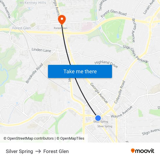 Silver Spring to Forest Glen map