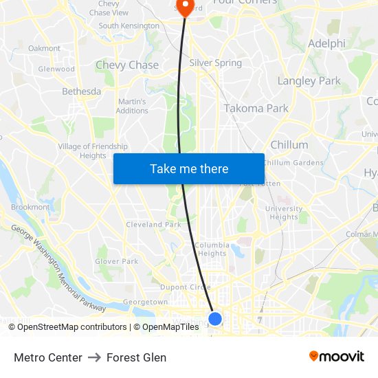 Metro Center to Forest Glen map