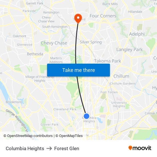 Columbia Heights to Forest Glen map