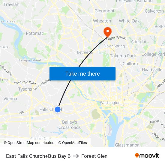 East Falls Church+Bay B to Forest Glen map