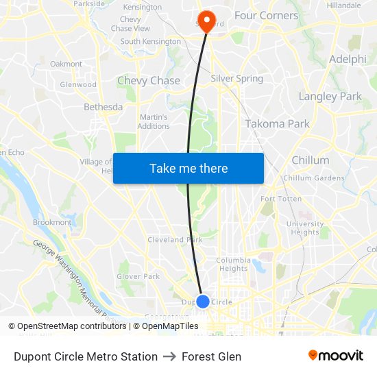 Dupont Circle Metro Station to Forest Glen map