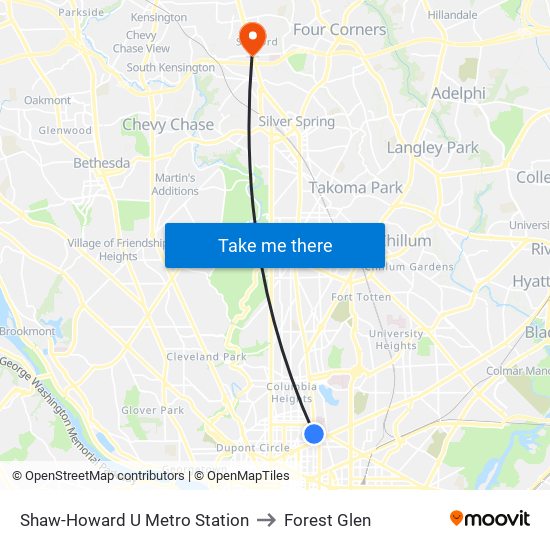 Shaw-Howard U Metro Station to Forest Glen map