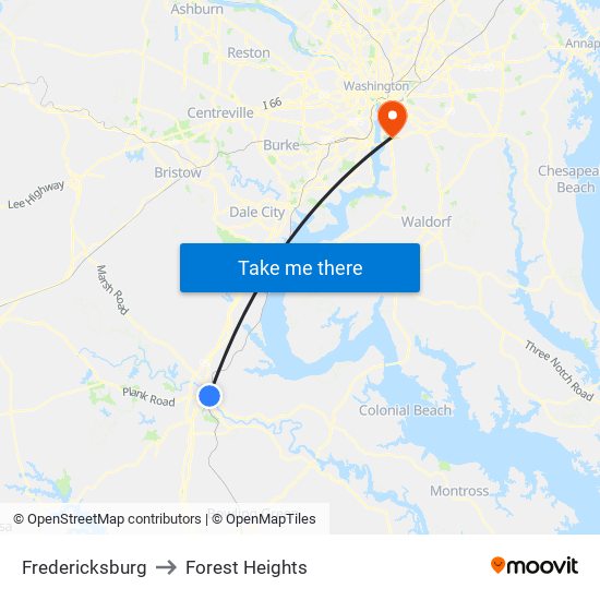 Fredericksburg to Forest Heights map