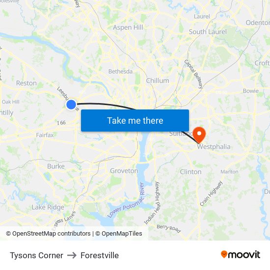 Tysons Corner to Forestville map