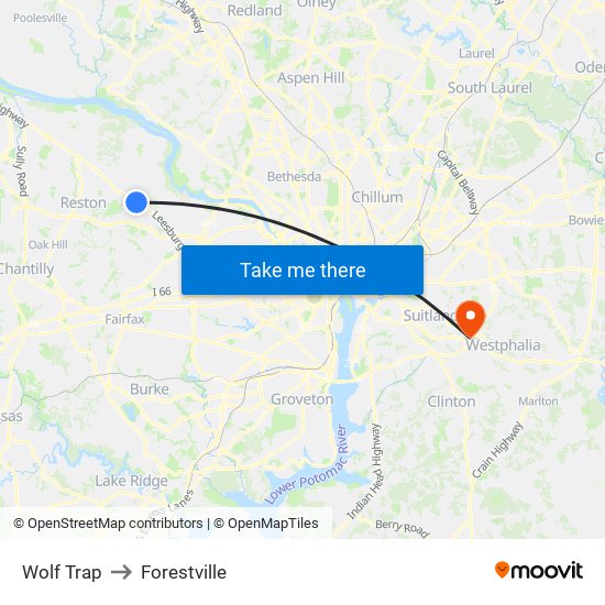 Wolf Trap to Forestville map