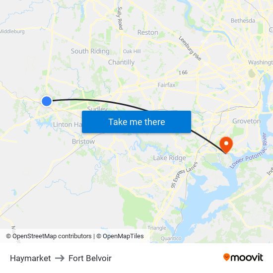 Haymarket to Fort Belvoir map