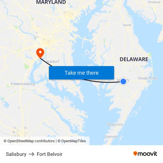 Salisbury to Fort Belvoir map