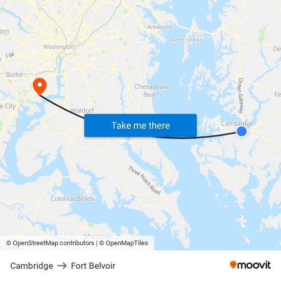 Cambridge to Fort Belvoir map