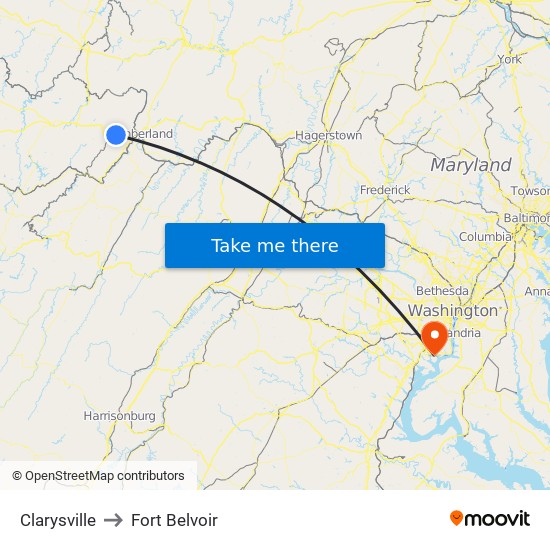 Clarysville to Fort Belvoir map