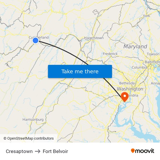 Cresaptown to Fort Belvoir map