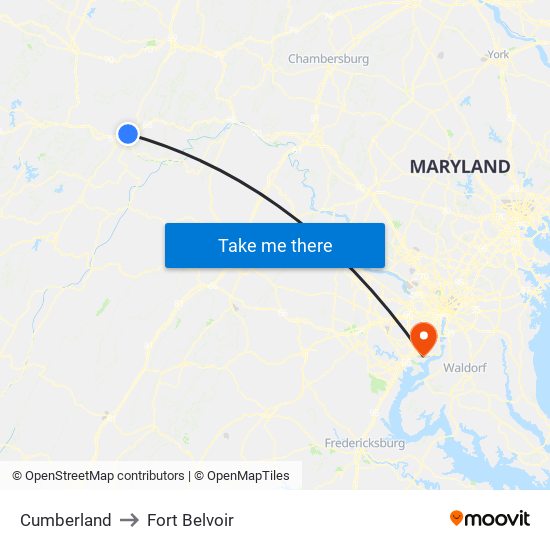 Cumberland to Fort Belvoir map