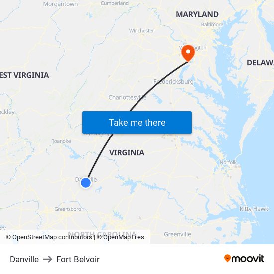 Danville to Fort Belvoir map