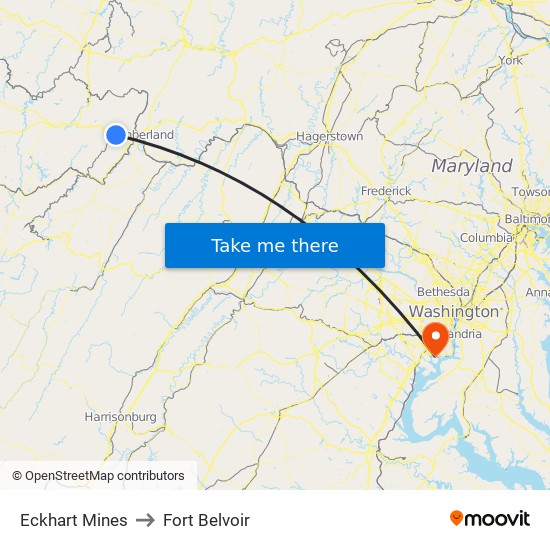 Eckhart Mines to Fort Belvoir map