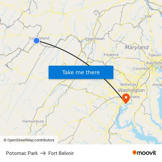 Potomac Park to Fort Belvoir map