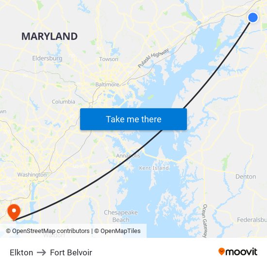 Elkton to Fort Belvoir map