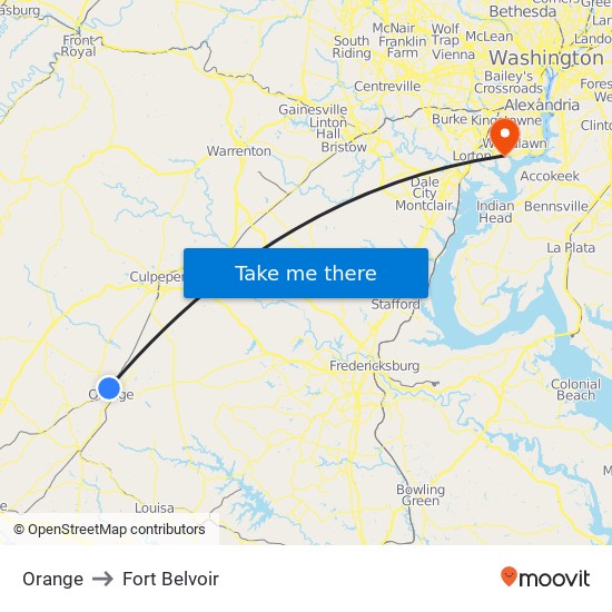 Orange to Fort Belvoir map